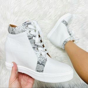 White snake skin sneaker wedge
